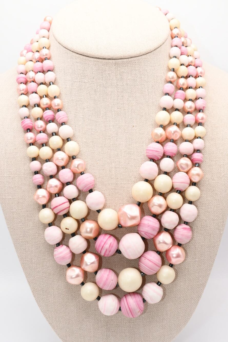 Vintage Japan Pink White Glass Bead 4 Strand Statement Necklace